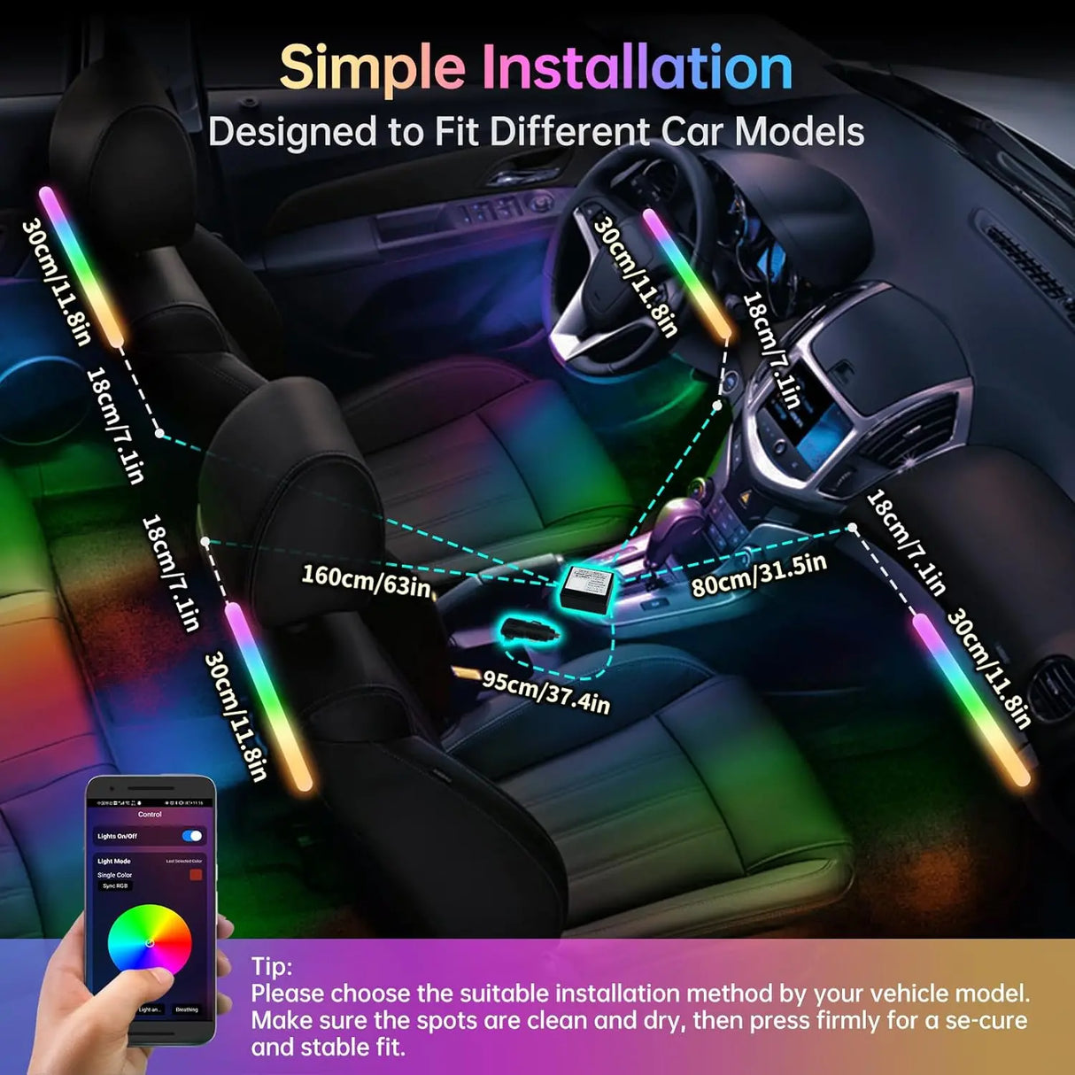 ATOTO CI-FLT01 Car LED Footwell Lights, 160 RGB LEDs, Interior Neon Lights, APP Wireless Control, DIY 21 Color Modes, 6 Music Modes, 16M+ Colors, Front and Rear Independent Adjustment