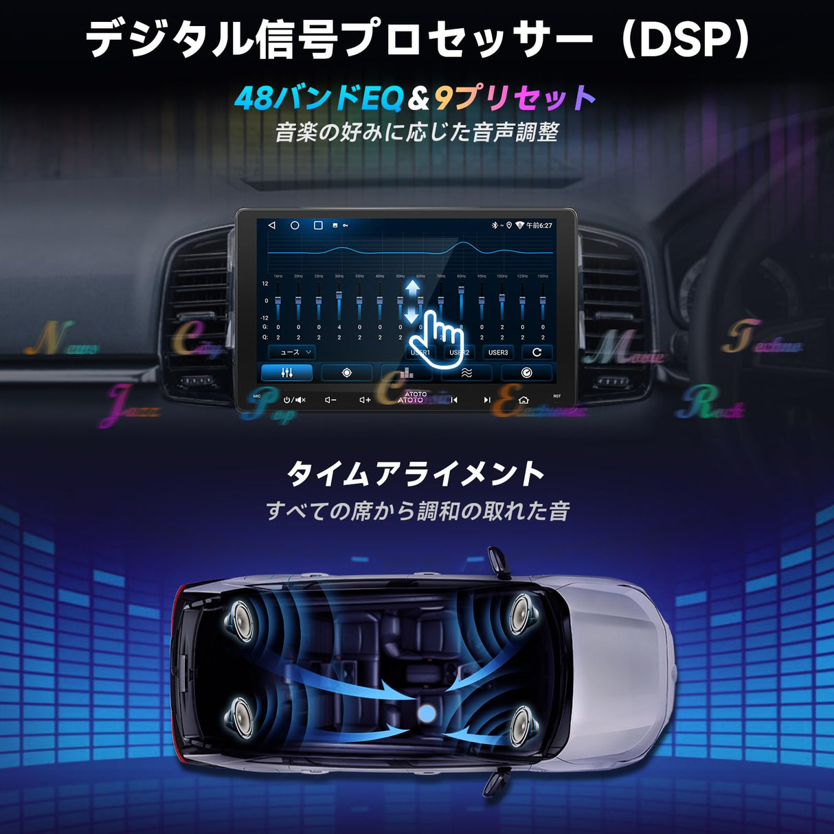 ATOTOZONE Androidナビ 9インチ カーオーディオ 2Din、ダッシュカムとリバースカメラを装備、GPSトラッキング、Wi-Fi/BT/USB テザリング、CarPlay Android Autoワイヤレス＆有線、1280*720 IPSルーチスクリーン、内蔵24 EQ DSP、2G+32G、FM/AM