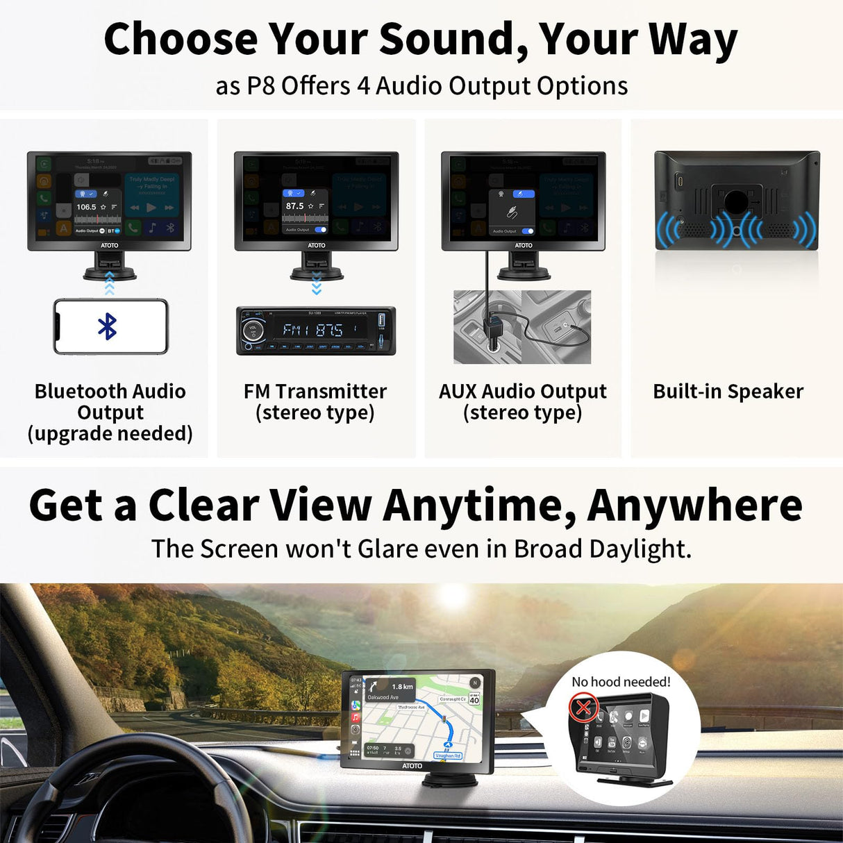 ATOTO P8 Portable Wireless Carplay Android Auto Screen, 7" QLED Glare-Suppressing Car Stereo with GPS Navigation,1080P Dash Cam, WDR & Auto Dimmer, Remote Control, Voice Assistant, P807SD-FC