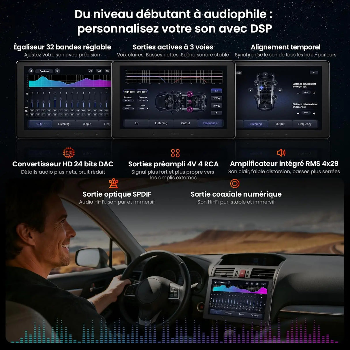 ATOTOEXCEL V10 10.1 Pouces 2 DIN & 1 DIN Autoradio Android, 6G+128G, 4G LTE/Wi-FI, Karaoké embarqué,DVR 4 canaux,DSP 32 Bandes,CarPlay&Android Auto sans Fil, BLuetooth5.4 Con aptX HD, Suivi GPS