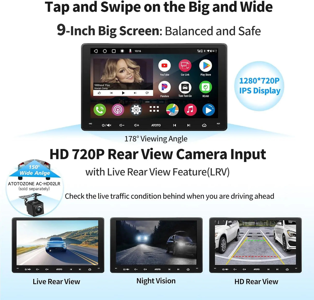 ATOTO A6G209PF 9" Double Din Car Stereo, Touchscreen, Wireless CarPlay and Android Auto, Dual Bluetooth, GPS Tracking and Navigation, WiFi/BT/USB Tethering, HD Live Rearview, DSP, SCVC, 2G+32G