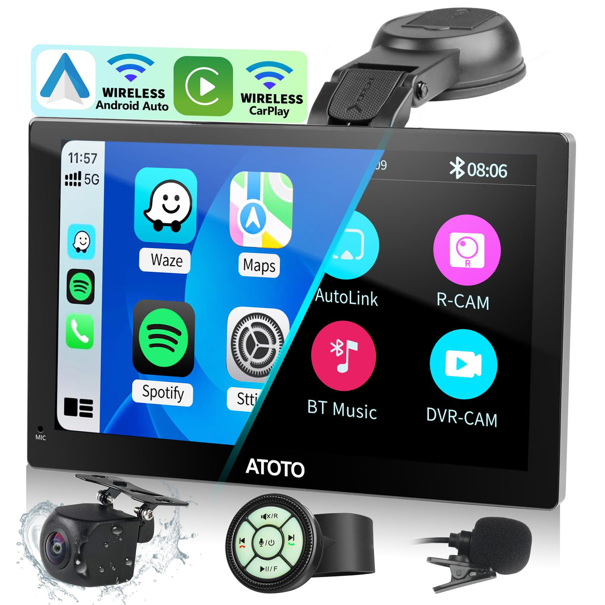 Portable Carplay Android Auto Screen Backup with Camera SWC,Sat Navs for Car, Wireless Car Stereo Receiver, P5 Gps Navigation, ATOTOEXCEL 7“ QLED Glare-Suppress BT Radio Mirrorlink(7in Camera+SWC)
