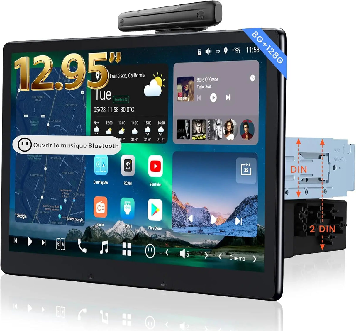 ATOTO X10G129E 12,9" Autoradio 1 DIN avec écran flottant QLED, CarPlay & Android Auto sans fil, 8+128 Go, 4G LTE, Connexion Dual Téléphone, Double Bluetooth, GPS Tracking et Assistant Vocal AI