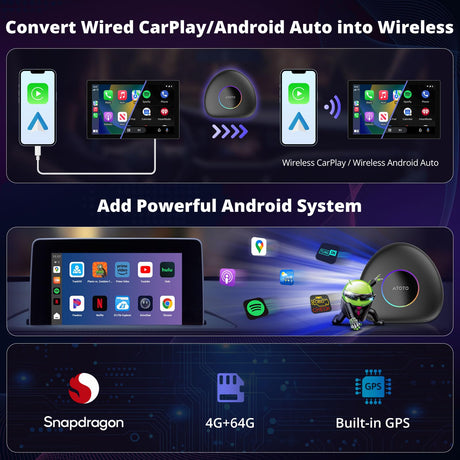 ワイヤレスCarPlayアダプター、2025年アップグレードAndroid 13、CarPlay AIボックスAndroid Autoアダプター、GPSトラック付き、AI DriveChat、4G LTE、2 BT、4G+64G、プラグ＆プレイスマートボックス、CB6C、ディープブラック
