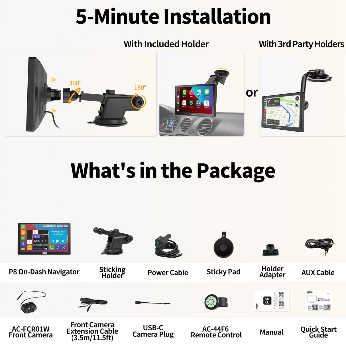 ATOTO P8 Portable Wireless Carplay Android Auto Screen, 7" QLED Glare-Suppressing Car Stereo with GPS Navigation,1080P Dash Cam, WDR & Auto Dimmer, Remote Control, Voice Assistant, P807SD-FC