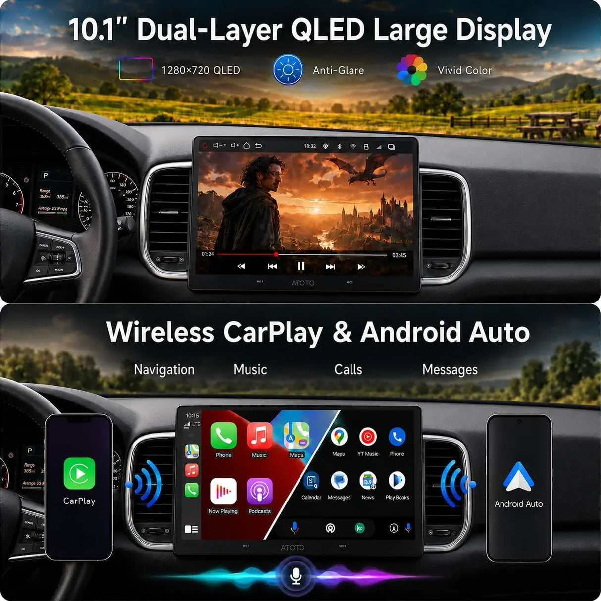 ATOTO V10G211OC 10" QLED Android 14 Double Din Car Stereo, 8-Core 6G+128G, Wireless CarPlay & Android Auto, 4G LTE/Wi-Fi, in-Car Karaoke, 7.1.2 CH Pro DSP Audio, aptX HD Bluetooth, AI & GPS Tracking