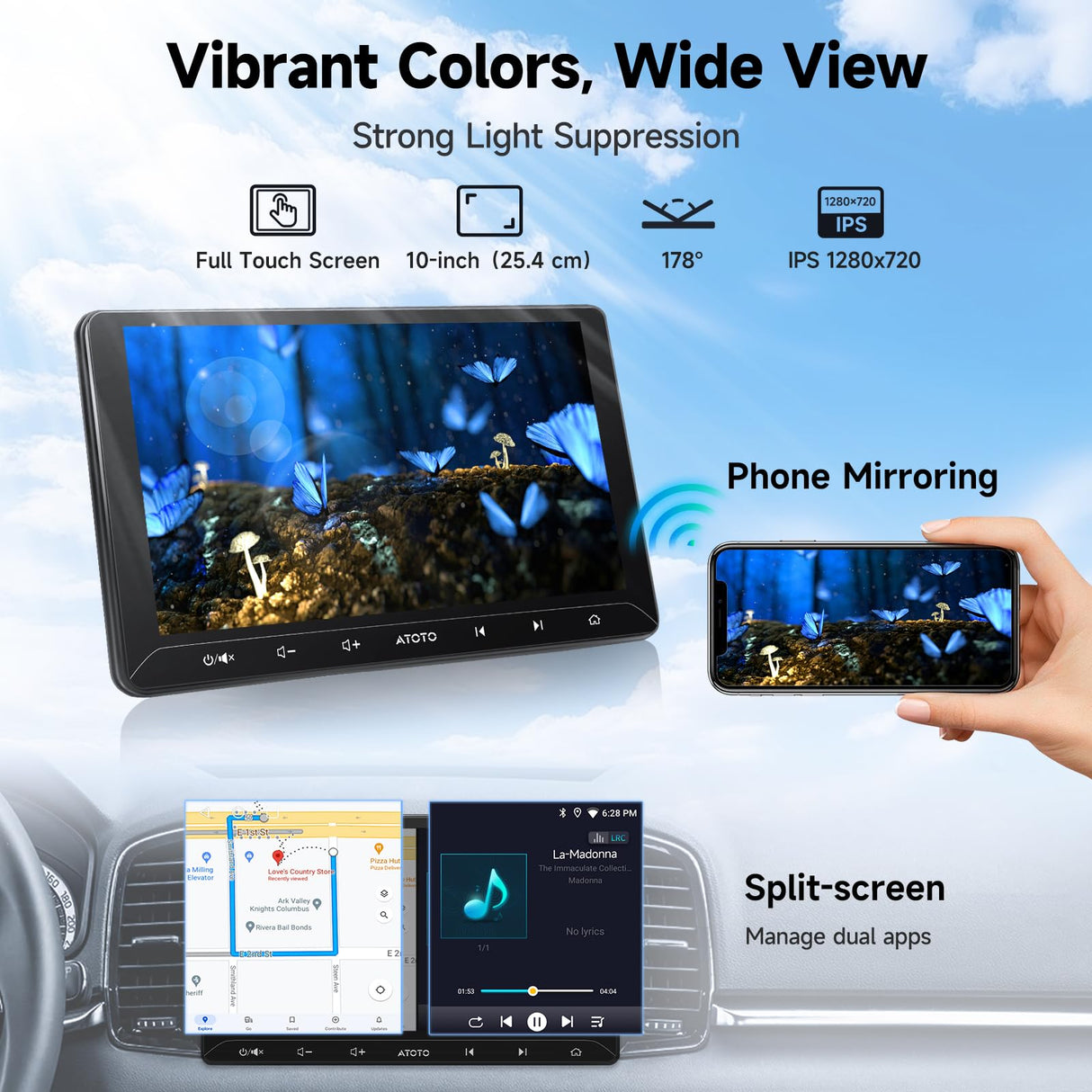 ATOTOZONE A5L 10,1" Android Autoradio Doppel-Din-Radio, WiFi/BT-Tethering, Android Auto &amp; CarPlay kabelloser Touchscreen, Bluetooth, digitaler Media-Receiver, MirrorLink, 2G+32G, 24-B EQ DSP, FM/USB/TF