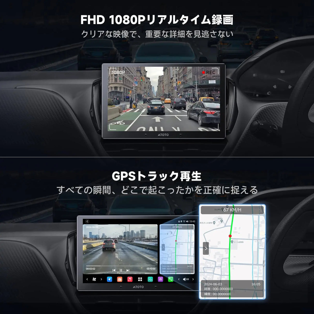 ATOTO AC-FHD02DV FHD 1080P ドライブレコーダー、GPSトラック再生
