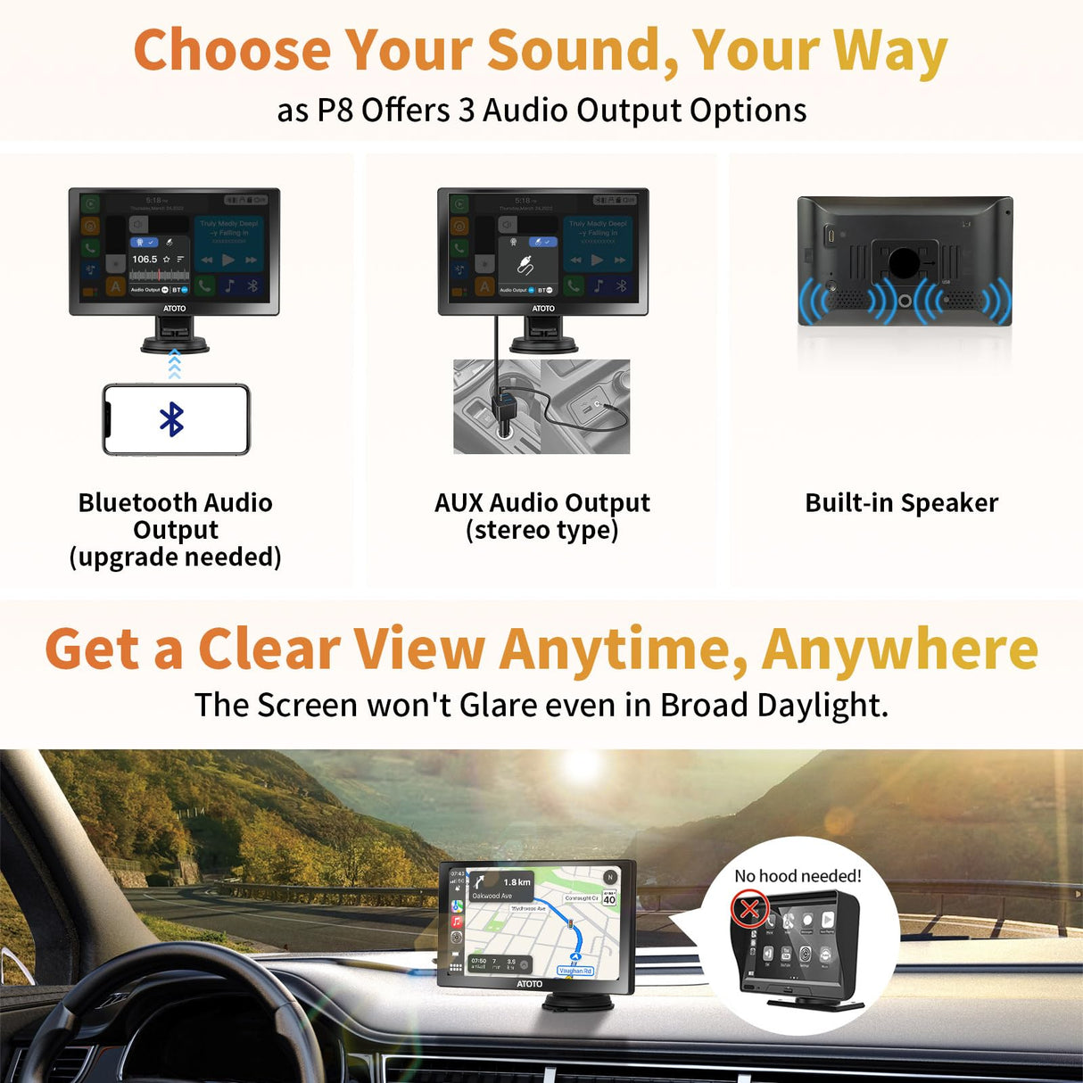 ATOTO P807PR Wireless CarPlay Screen for Car, 7 inch Portable Car Stereo with Android Auto, 1080P Dual Recording Cameras, Remote Control, WDR & Auto Dimmer, Support Up to 128G SD