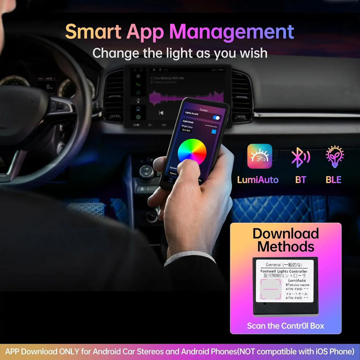 ATOTO CI-FLT01 Car LED Footwell Lights, 160 RGB LEDs, Interior Neon Lights, APP Wireless Control, DIY 21 Color Modes, 6 Music Modes, 16M+ Colors, Front and Rear Independent Adjustment