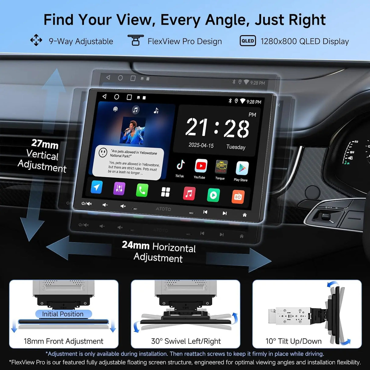 ATOTO A5LG110T 10" Single Din & Double Din Head Unit with Floating Display, Wireless CarPlay & Android Auto, WiFi/USB/Bluetooth Tethering, MirrorLink, DSP Audio, FM/RDS Radio