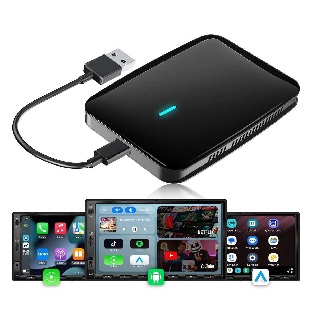 ATOTO CB7PQ CarPlay AI Box with Dash Cam & OBD2 Scanner, Full Android System, Wireless CarPlay & Android Auto, DriveChat AI, GPS Tracking, HDMI, OTA, 4GB+64GB