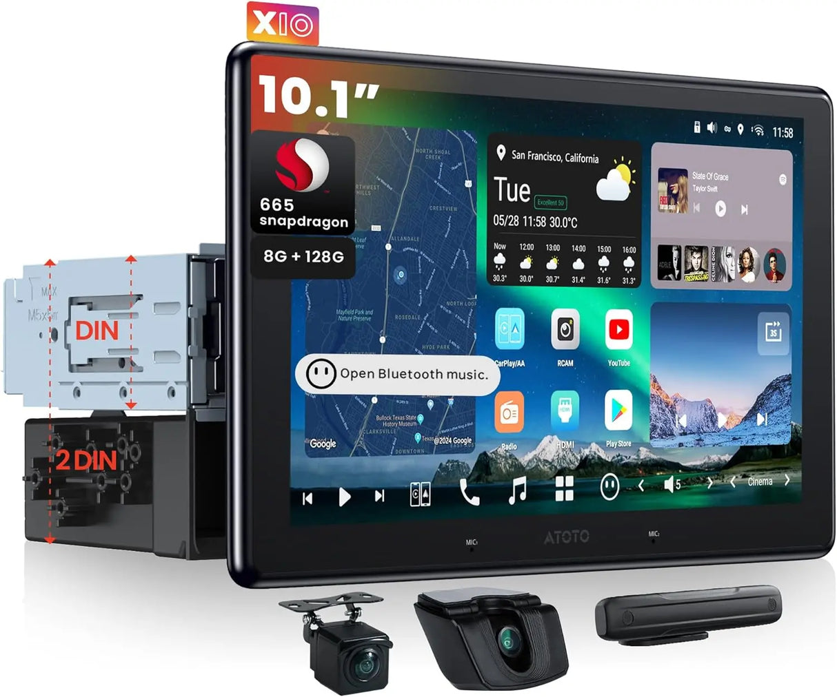 ATOTO X10G110E 10.1" Android Car Stereo with Wireless CarPlay & Android Auto, QLED Floating Touch Screen, Dual 1080P Dash Cam, 8GB RAM, 128GB ROM, DSP 7.1.2 Sound, WiFi/Cellular