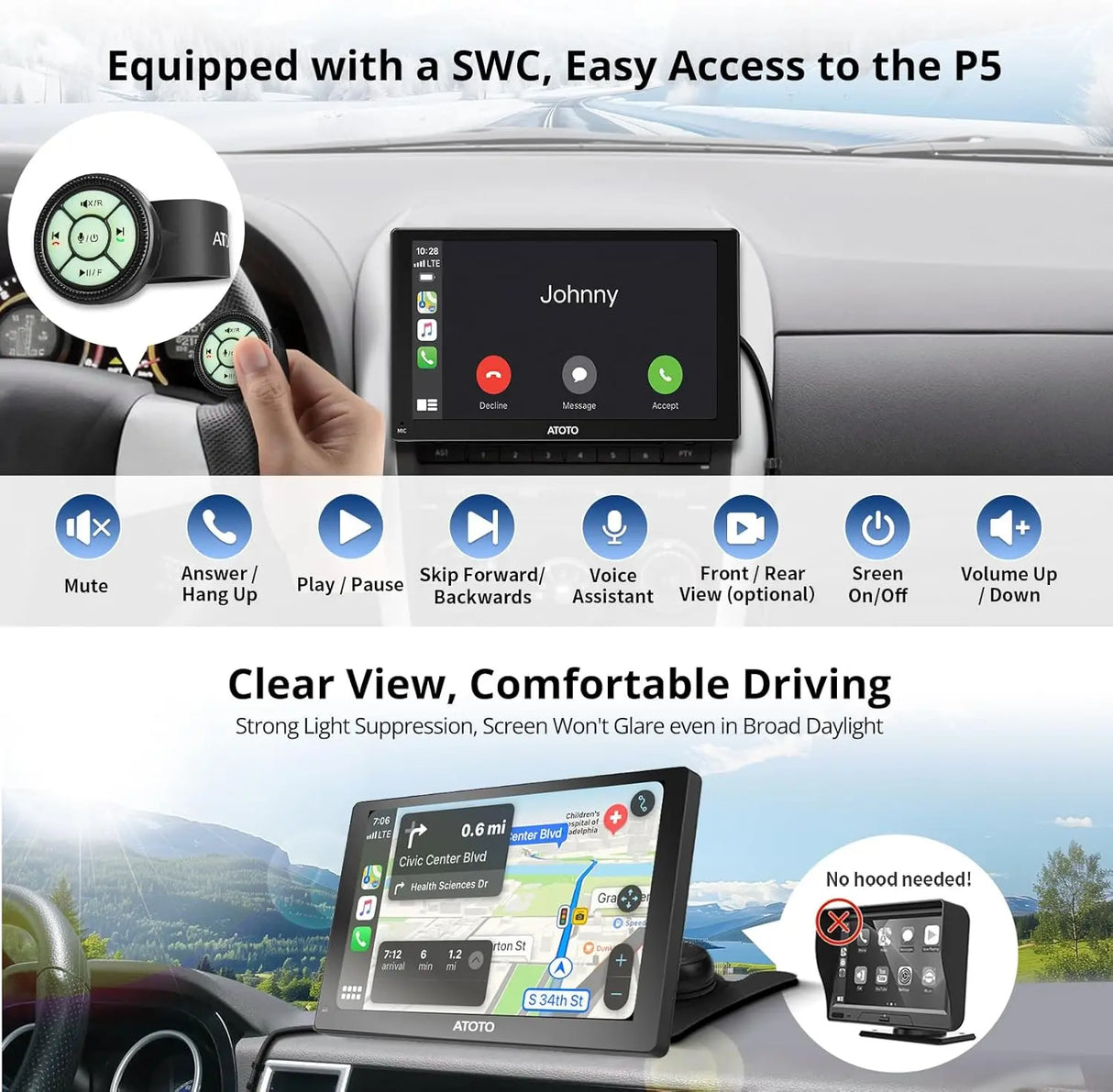 ATOTO P509SD 9″ QLED Portable CarPlay Screen with 1080P Backup Camera & Remote Control, Wireless CarPlay & Android Auto, GPS Navigation, MirrorLink & AUX/FM Output