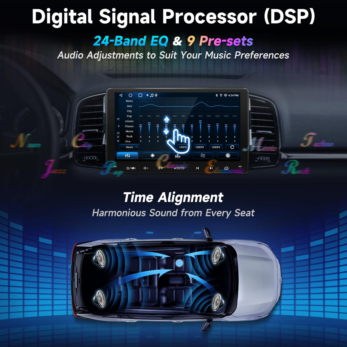 ATOTOZONE Double-DIN Car Stereo 9 Inch Android Car Radio, Wireless CarPlay&Android Auto, Backup Camera and Dashcam, AI Dialogues, WiFi/BT/USB, GPS Tracking, 24B EQ&DSP, 4 * 45W AMP