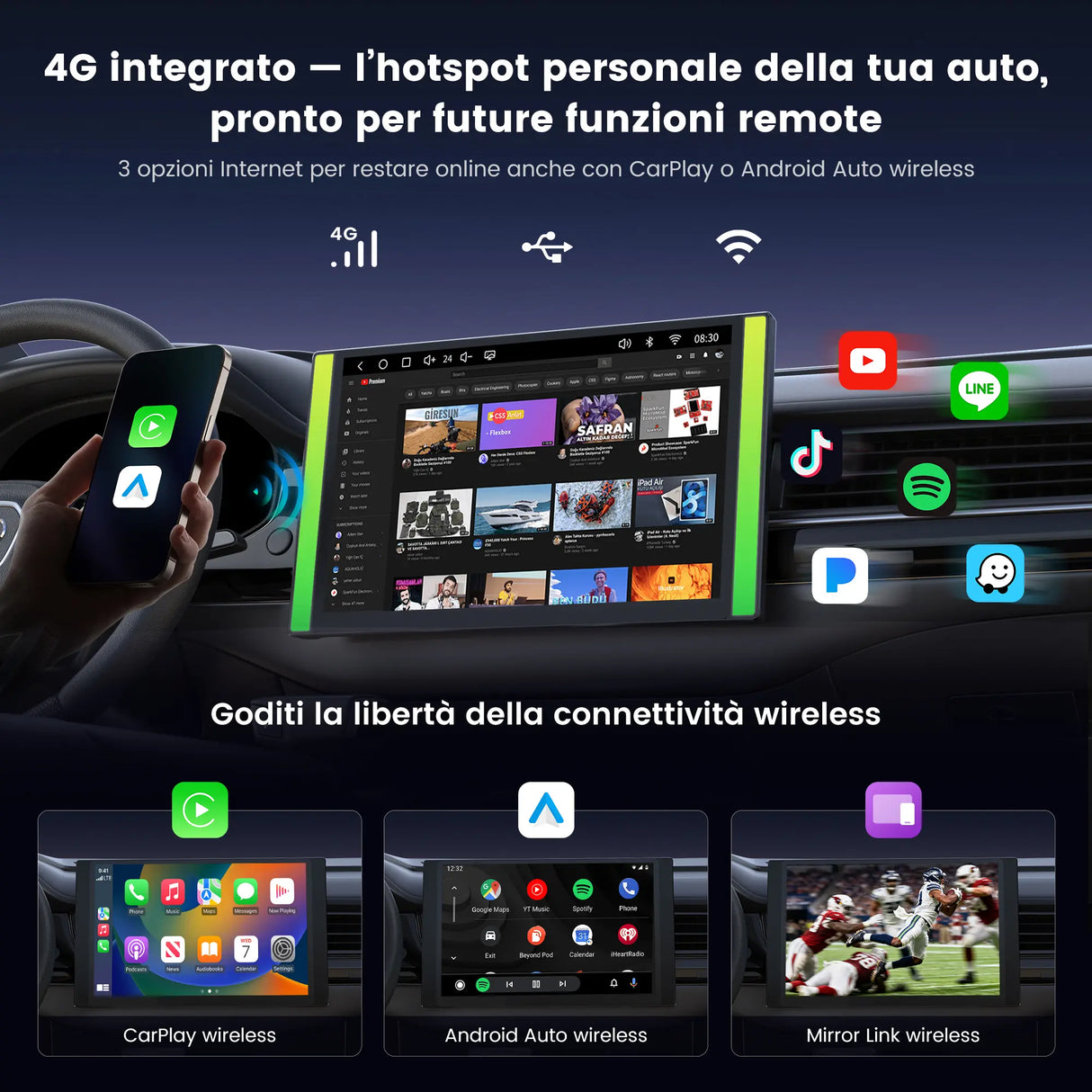 ATOTO A7G225PKL  Autoradio Double Din Android da 12,5", 8 Core, 4G+64G, 4G LTE/Wi-Fi/Bluetooth Tethering, Wireless CarPlay e Android Auto, Amplificatore e DSP Integrati, Sensore G