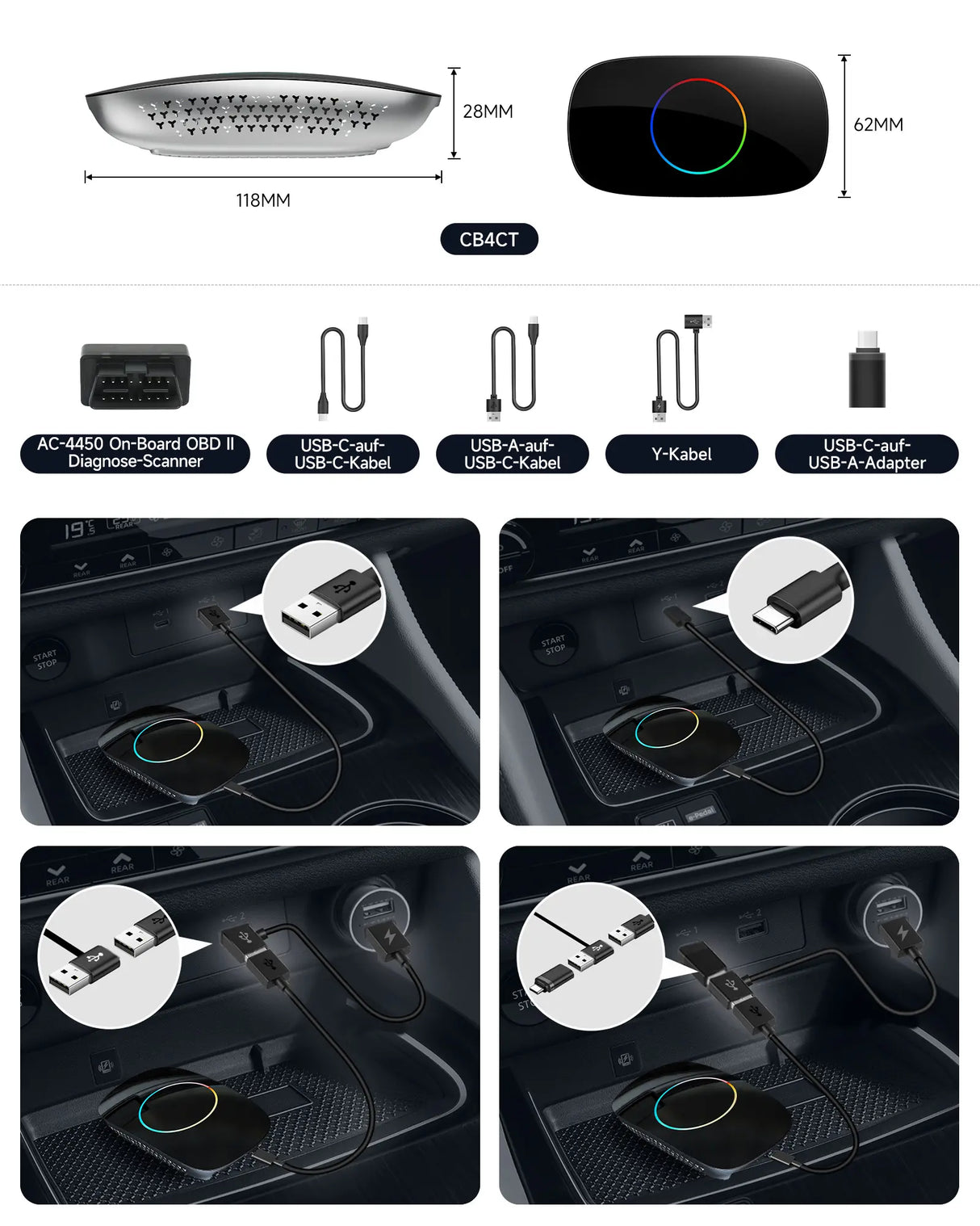 ATOTO KI-Box für kabelloses Apple CarPlay & Android Auto, 2 GB + 16 GB, YouTube, Netflix & Spotify, Dual-WLAN & Dual-Bluetooth, KI-Assistent, HDMI-Ausgang, USB, Plug & Play, OTA, Mini-OBD2, CB4CT, Sch