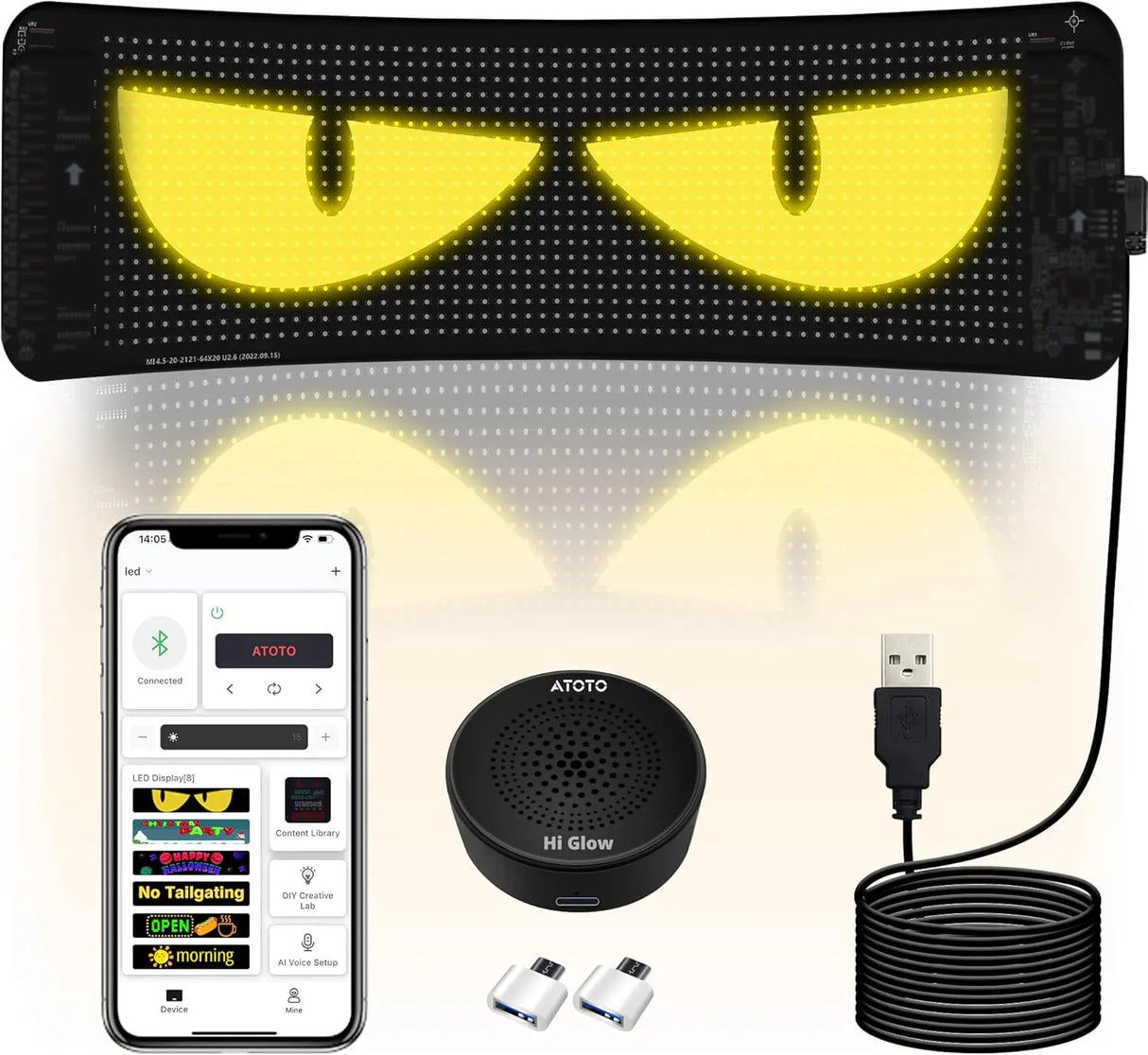 ATOTO CI-VIALD19 19.4" x 4.3" Programmable LED Car Sign – Flexible USB 5V Display, AI Voice & App Control, Custom Text & Animation, Scrolling Digital Sign for Car Window