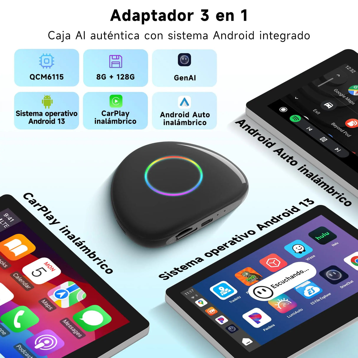 ATOTO CB6 Dongle WIFI para Coche, CarPlay IA Box, 8GB+128GB Dispositivo de Streaming con 4G, Doble Bluetooth, USB, GPS Integrado, Asistente IA, Expansión microSD, OTA