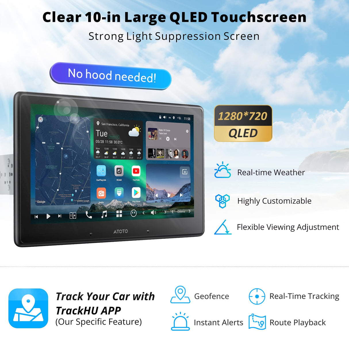ATOTOZONE 10" QLED AI Android Autoradio 1 DIN, Floating Screen Auto, 8G+128G In-Dash Navigation, 4G LTE, Kabelloses CarPlay &amp; Android Auto, Dual-Phone &amp; 2 Bluetooth, SCVC, GPS-Tracking, X10G110E
