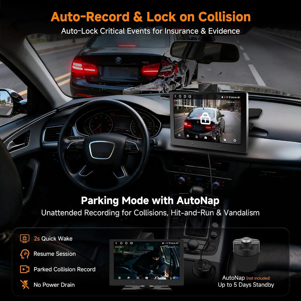 ATOTO P609S1N 9" Portable CarPlay Screen – Wireless CarPlay & Android Auto Touchscreen with Dash Cam, Bluetooth, GPS Navigation, Voice Control & Music Player, Plug & Play Car Stereo (P6 Standard DashCam)
