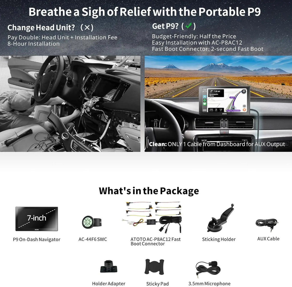 ATOTO P9 7-Zoll Android Navigationssystem | QLED-Display | 2GB+32GB | Kabelloses CarPlay &amp; Android Auto | GPS + Bluetooth