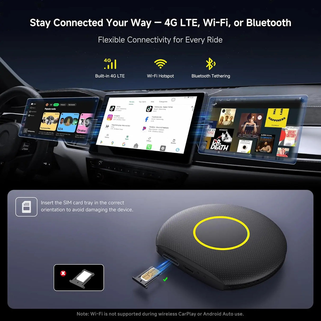 ATOTO CB6 Wireless CarPlay Adapter, AI Drivechat, GPS, 4G LTE, 8+128GB