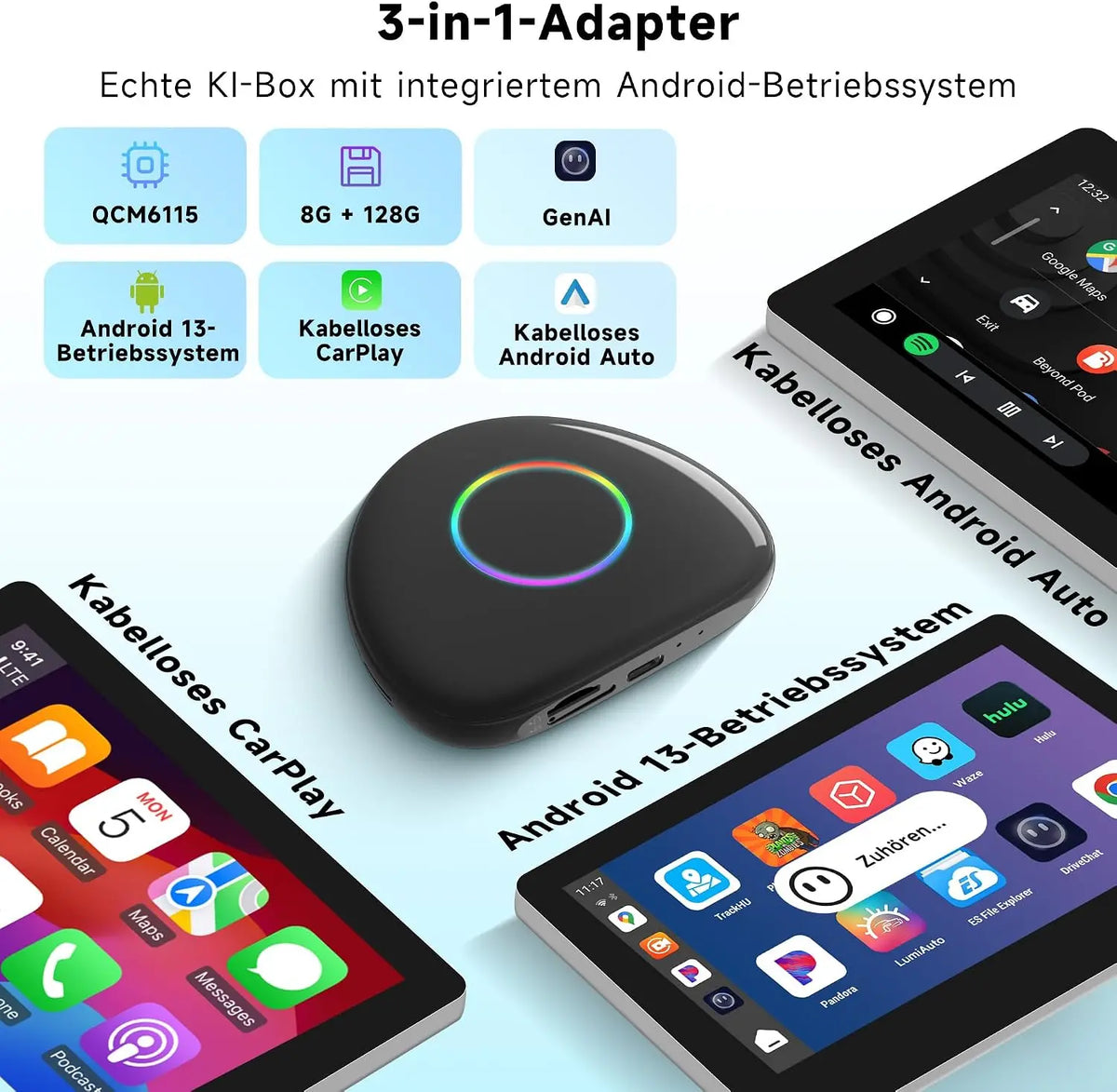 ATOTO CB6 Android Auto Wireless Adapter – CarPlay IA Box, 8GB+128GB Auto-Streaming-Box mit 4G, Dual Bluetooth, USB, integriertem GPS, KI-Assistent, microSD-Erweiterung, OTA