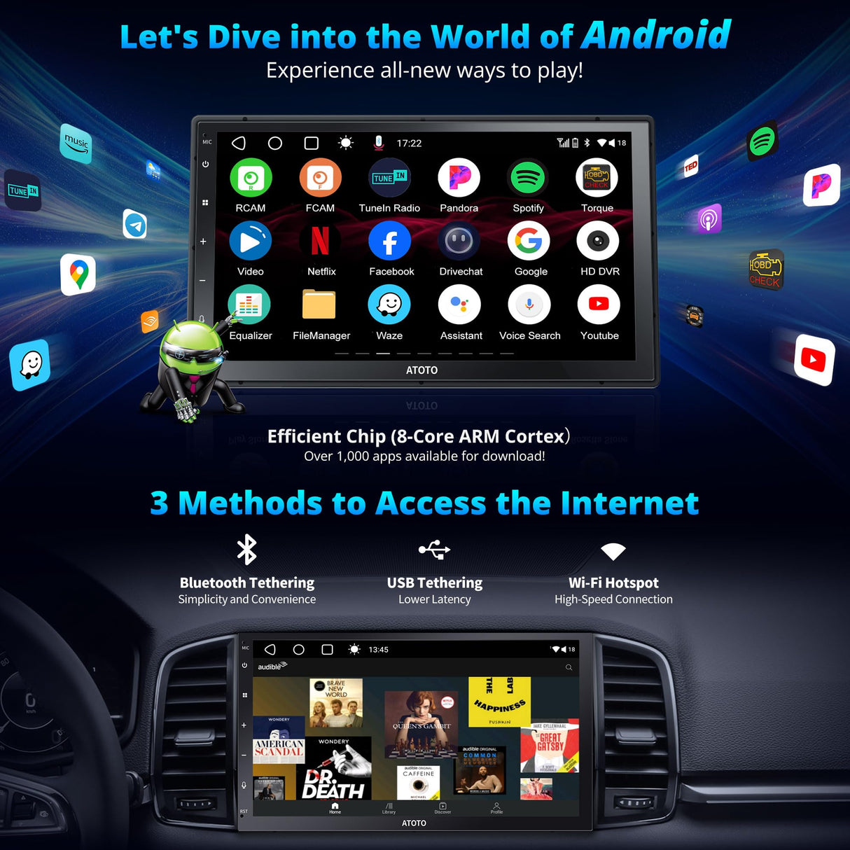 Android Double Din Car Stereo - ATOTOEXCEL 7“ Fully Laminated Screen Android Head Unit, DAB+ Ready, Talk with Chatgpt, Wireless Android Auto Carplay A6PF, Microphone, GPS WiFi/Dual BT (7in android)