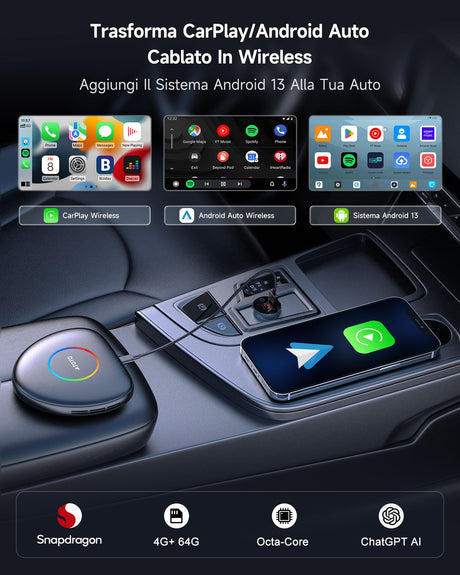 ATOTO CB6C Adattatore CarPlay Wireless Android 13, Box Intelligente Auto Plug&Play con GPS, AI DriveChat, 4G LTE, 4GB+64GB, Nero