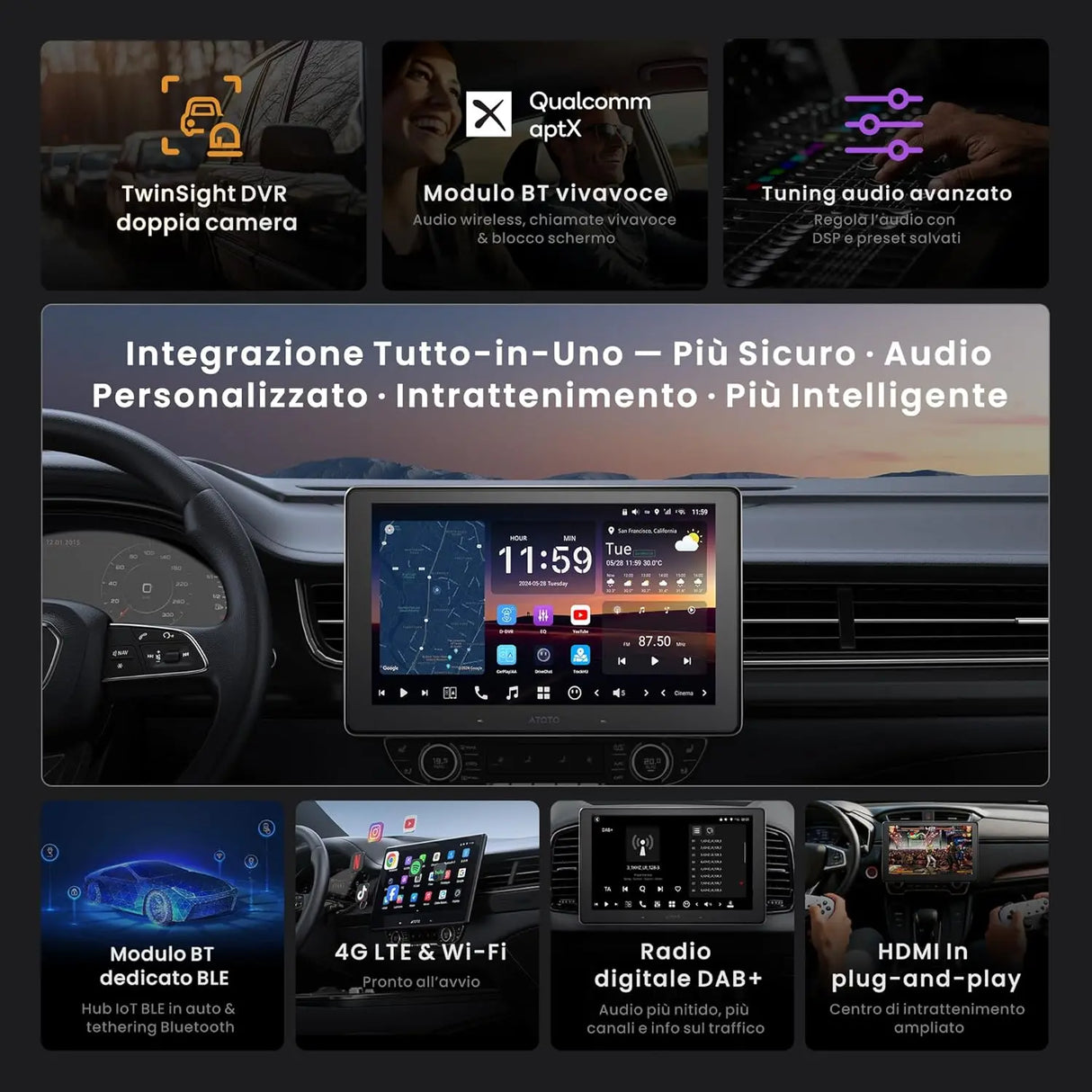 ATOTO X10DG211E Autoradio 2 DIN 10" QLED DAB, 8+128G, CarPlay Wireless, Android Auto Wireless, 4G LTE, Assistente Vocale AI, Tracciamento GPS, Doppio Microfono & Bluetooth, LRV, 36B-EQ, Ingresso HDMI