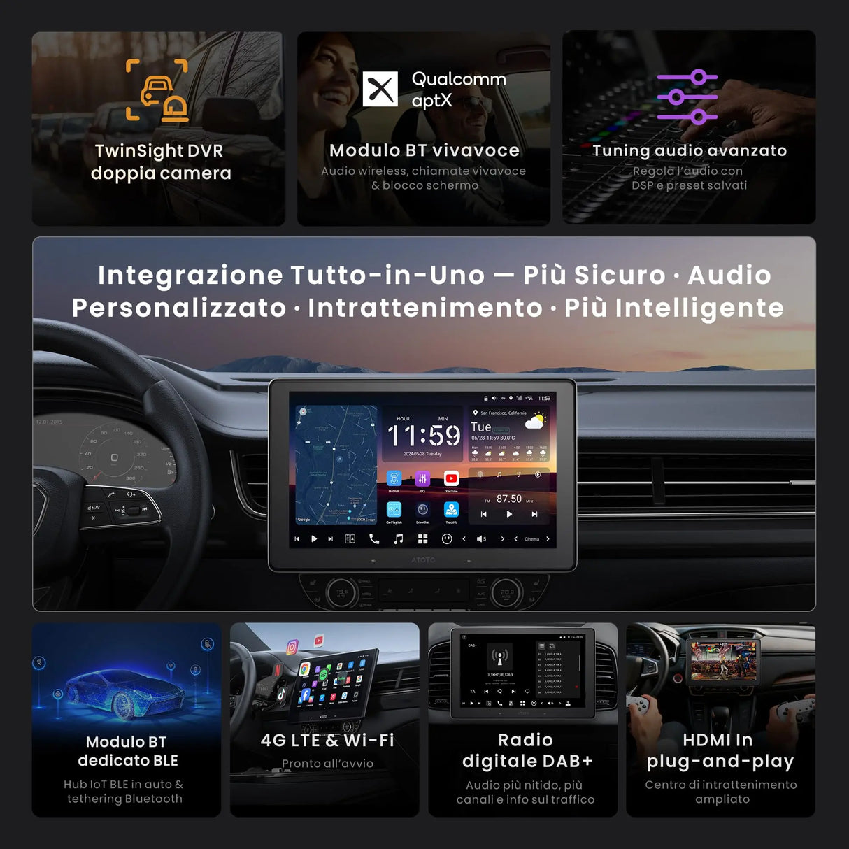 ATOTO X10DG211E 10" QLED DAB Autoradio 2 Din Android, 8+128G, Wireless CarPlay & Android Auto, 4G LTE, AI Voice Assistant, GPS Tracking, Dual MIC & Bluetooth, LRV, 36-Band EQ, HDMI Input