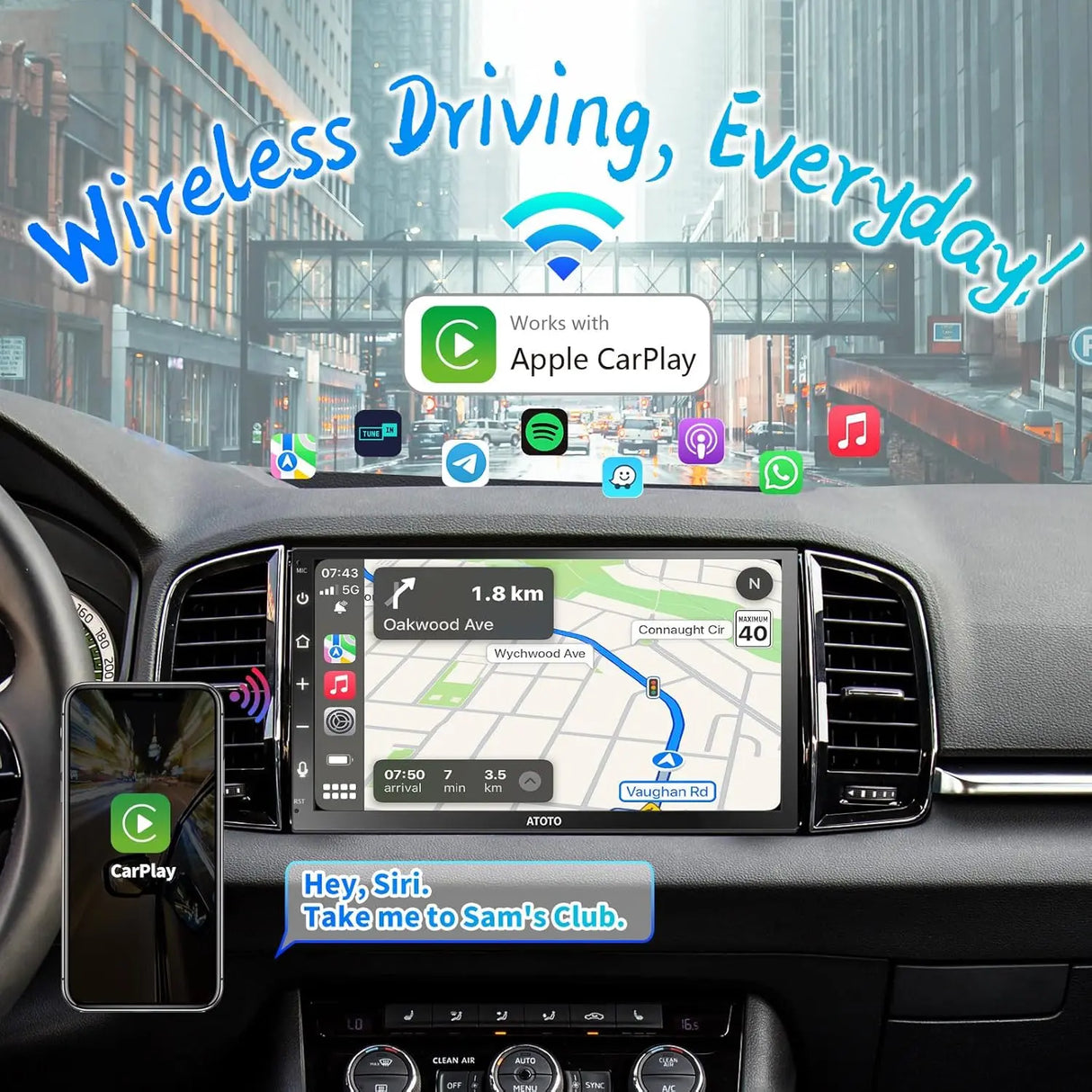 ATOTO F7G2B7WE 7" Double Din Head Unit with Wireless CarPlay & Android Auto, HD Touchscreen, Bluetooth, GPS Navigation, FM/AM, MirrorLink, HD Live Rearview, Voice Control