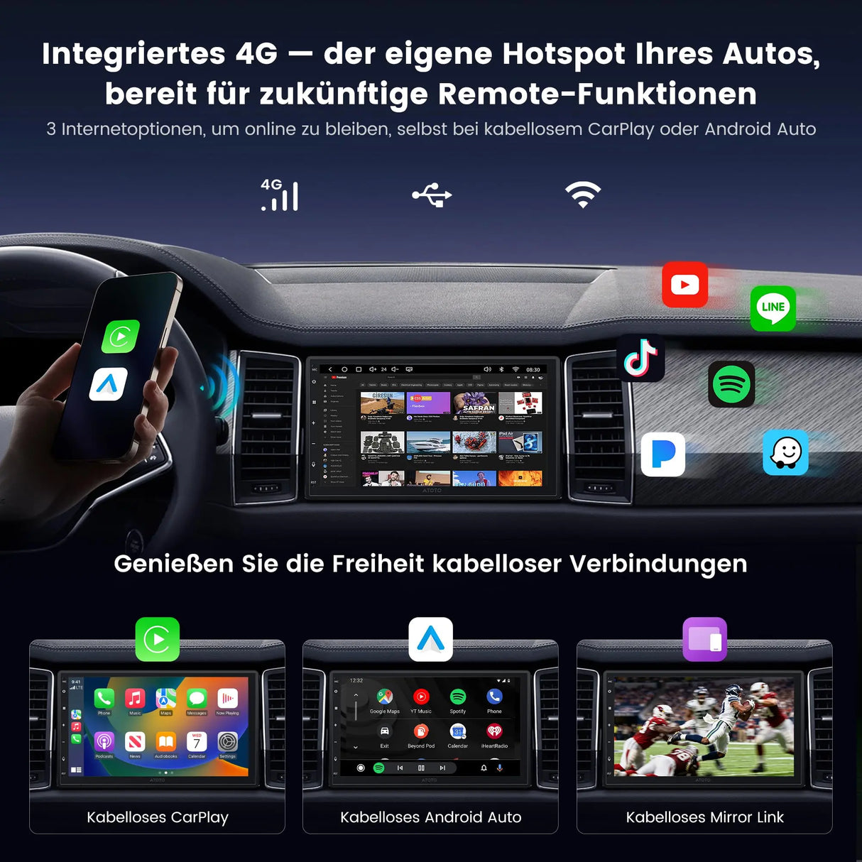 ATOTO A7G2B7PKL-S04 Android Autoradio 2 DIN, 7 Zoll QLED Navi [Inkl. OBD2 Scanner] 4G LTE Integriert, Wireless CarPlay & Android Auto, Hi-Fi DSP Optischer Ausgang/4V Pre-Out, AI DriveChat, SCVC