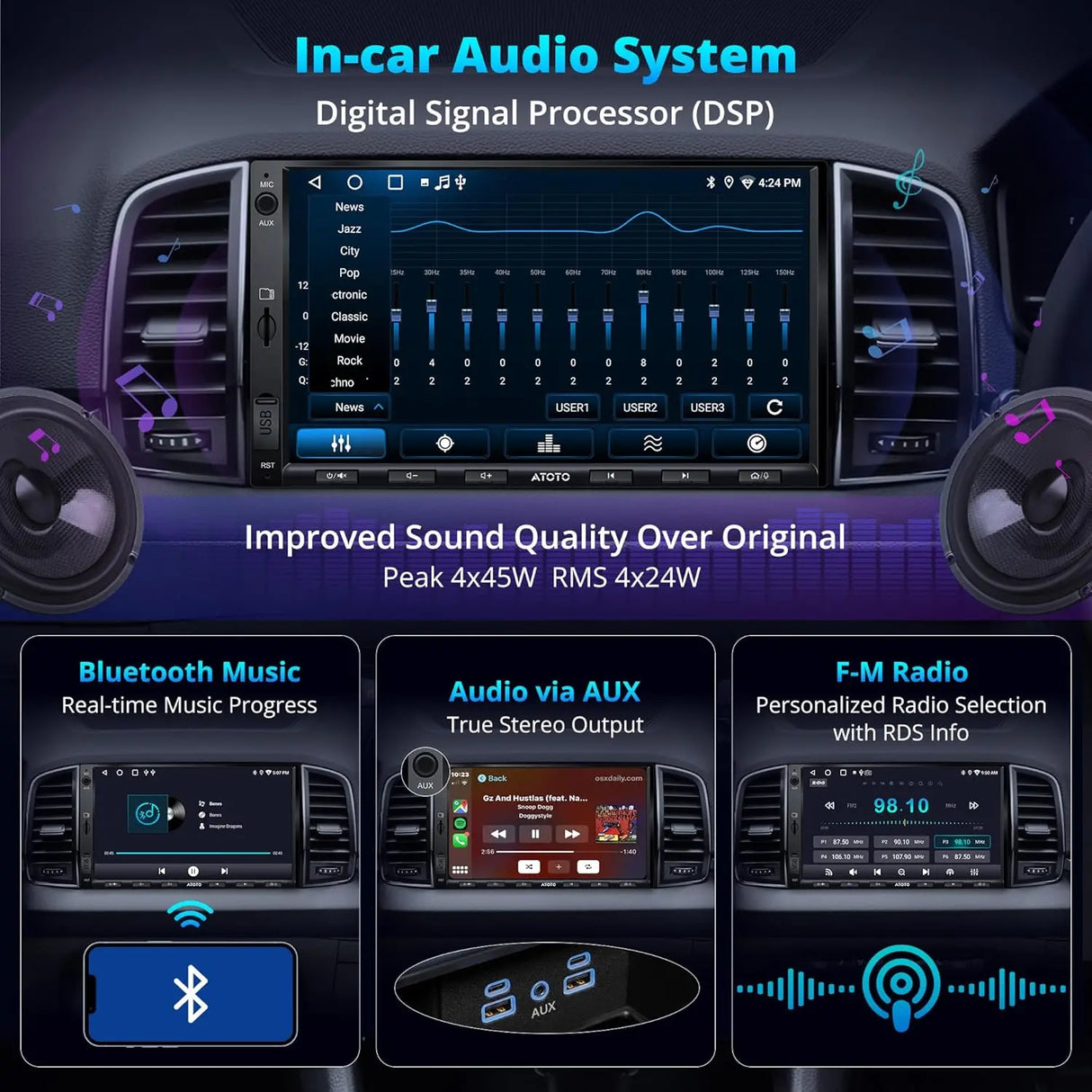ATOTO A5LG2A7T 7" 2 Din Car stereo Android with OBD2 Diagnostic Device, Wireless CarPlay & Android Auto, 24-Band EQ, WiFi/BT Tethering, 2G+32G