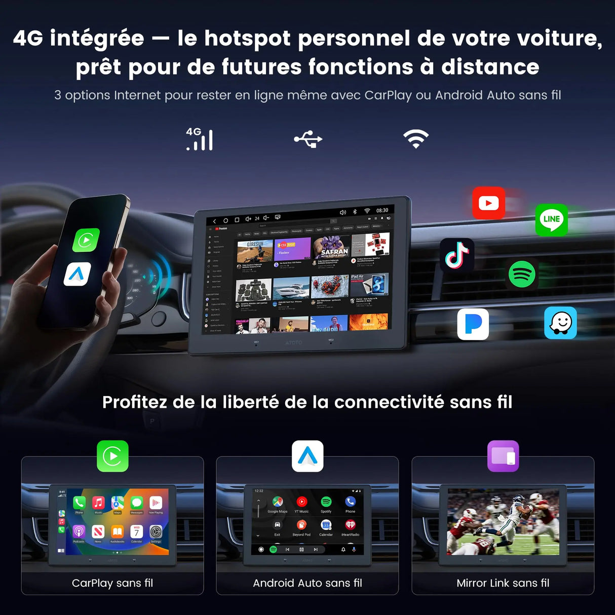 ATOTO A7G209PKL Autoradio Android 2 DIN 9", 4GB+64GB, CarPlay & Android Auto sans Fil, Wi-Fi/Bluetooth/USB, DSP Hi-Fi avec Sorties 4V, Chat IA & Suivi GPS