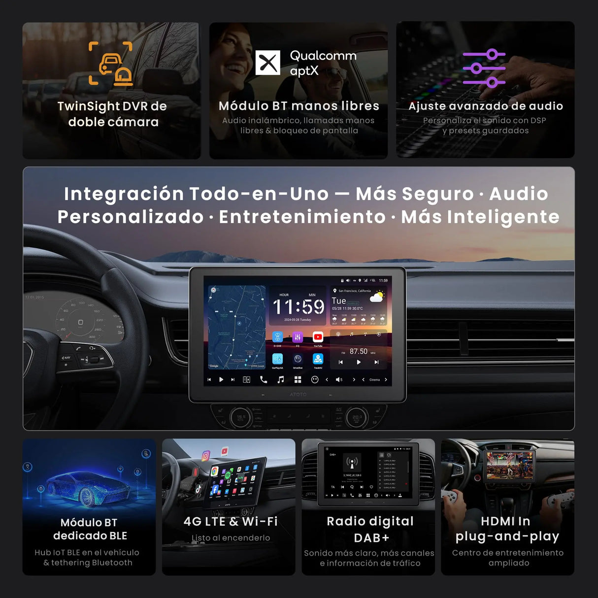 ATOTOZONE X10DG209E 9" QLED Dab Radio 2 DIN Android, 8+128 G, Carplay inalámbrico y Android Auto, 4G LTE, Asistente de Voz AI, Seguimiento GPS, Micrófono Dual & BT, LRV, 36B-EQ,Entrada HDMI