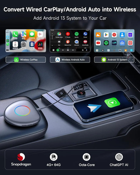 ATOTO CarWave CB6C Wireless CarPlay Adapter Android AI Box, 4G LTE Car Video Streaming Box for iPhone & Android Auto, Plug & Play, ChatGPT, YouTube, Netflix, TikTok, 4G+64G