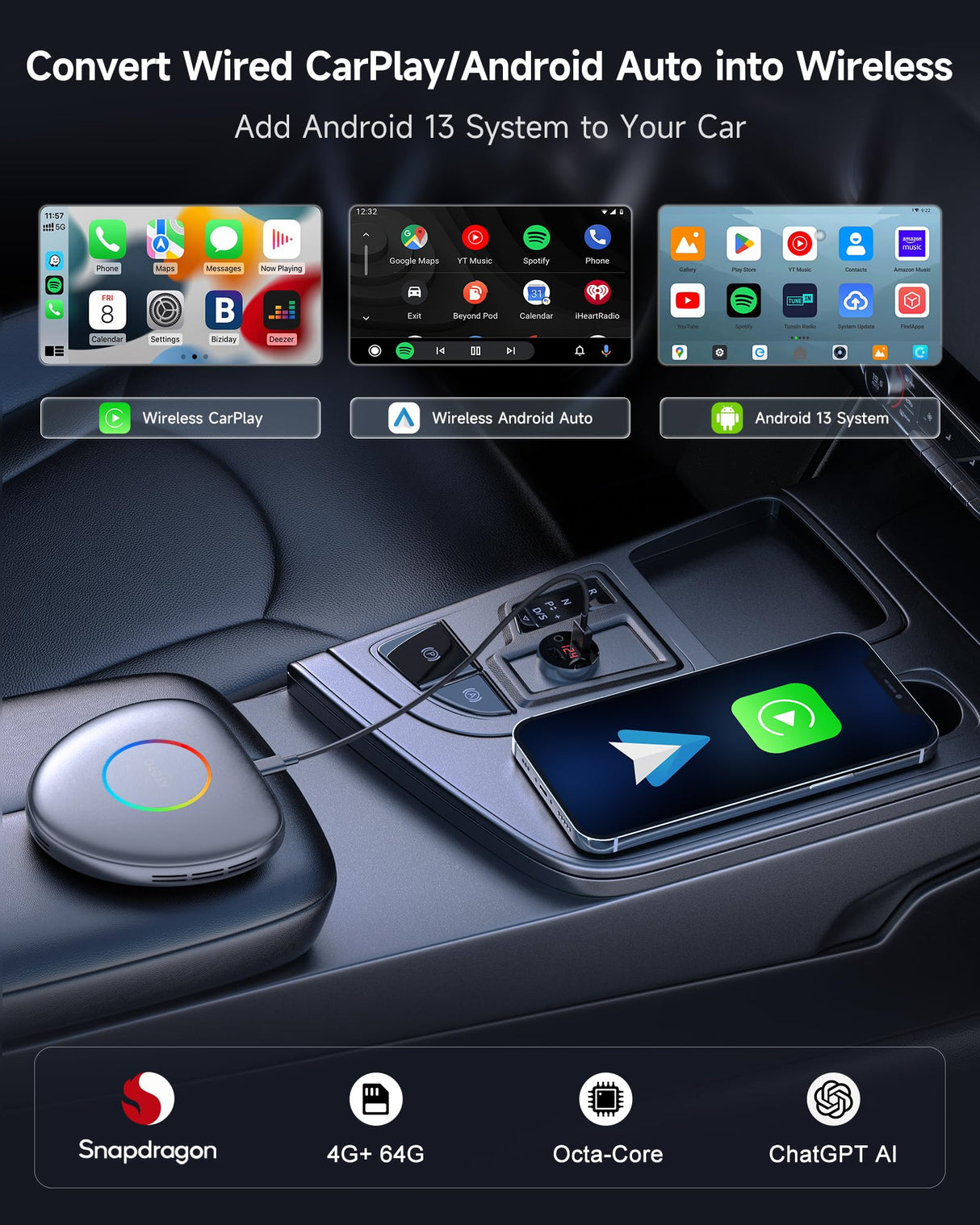 ATOTO CarWave CB6C Wireless CarPlay Adapter Android AI Box, 4G LTE Car Video Streaming Box for iPhone & Android Auto, Plug & Play, ChatGPT, YouTube, Netflix, TikTok, 4G+64G