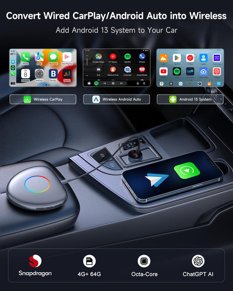 ATOTO CarWave CB6C Wireless CarPlay Adapter Android AI Box, 4G LTE Car Video Streaming Box for iPhone & Android Auto, Plug & Play, ChatGPT, YouTube, Netflix, TikTok, 4G+64G