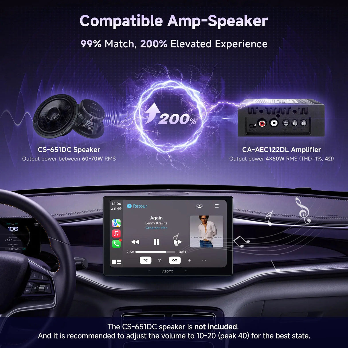 ATOTO CA-AEC122DL Verstärker, automatisch kompatibel, 4 x 60 W RMS, 4 Kanäle, Klasse D TI TPA3221, persönlicher EQ, Stromversorgung 2 m, kompatibel mit ATOTO Stereo 