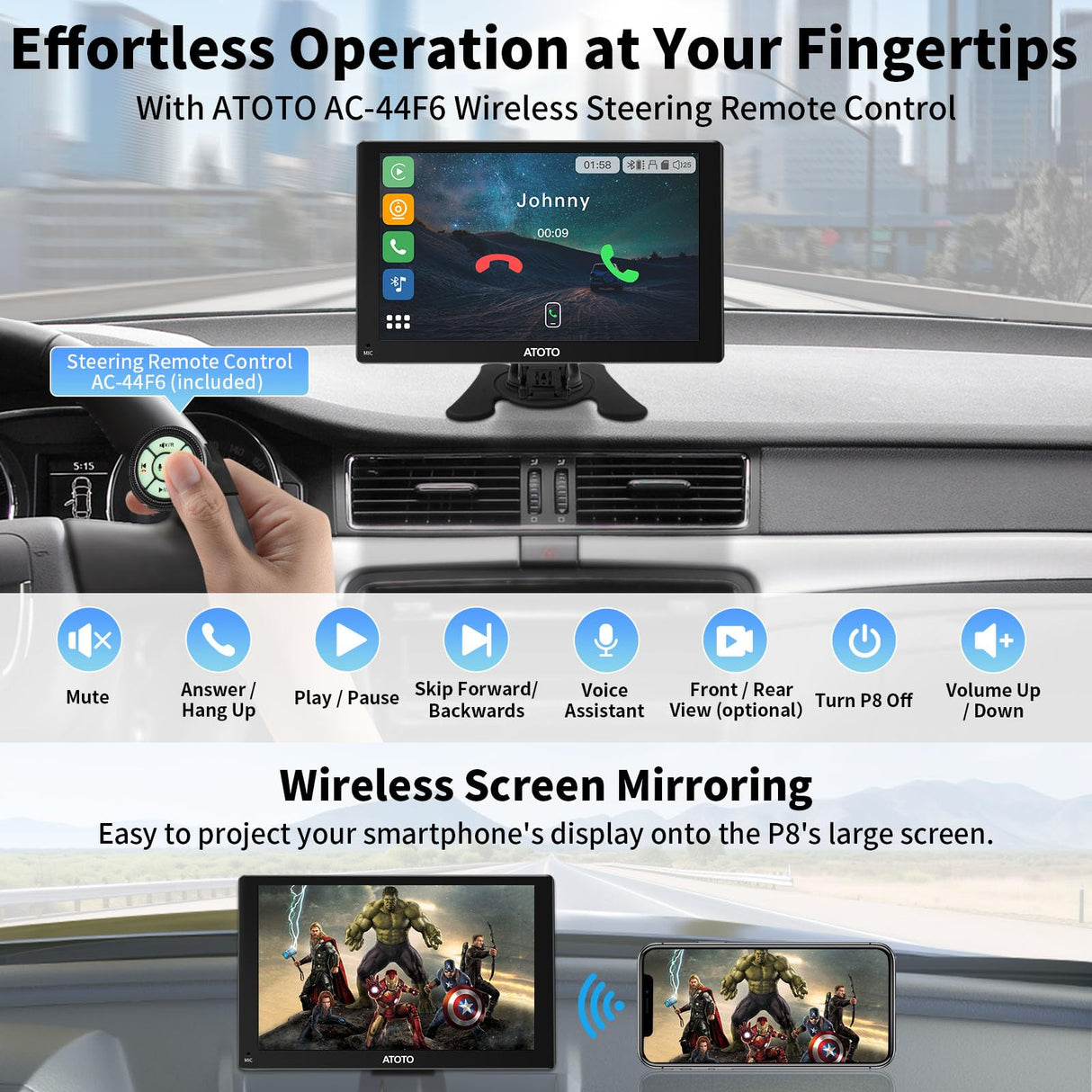 Portable Carplay & Android Auto Screen, ATOTO P8 Car Play Stereo with 7inch QLED Glare-Suppressing Touchscreen Display, HD 1080P WDR Rear Cam, OTA Upgrade, Remote Control, P807SD-RC