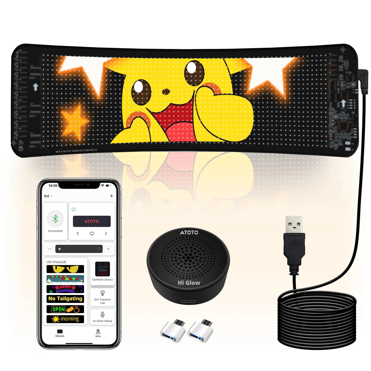 ATOTO CI-VIALD19 19.4" x 4.3" Programmable LED Car Sign – Flexible USB 5V Display, AI Voice & App Control, Custom Text & Animation, Scrolling Digital Sign for Car Window