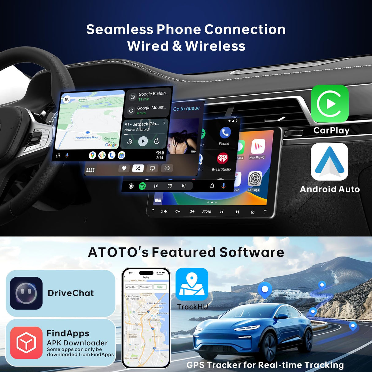 Autoradio Android Double DIN à écran HD laminé, caméra de recul, ATOTOEXCEL 8cœurs 2Go+32Go, CarPlay/Android Auto sans Fil & Bluetooth Double, GPS WiFi/BT/USB Tethering,A6C7PF