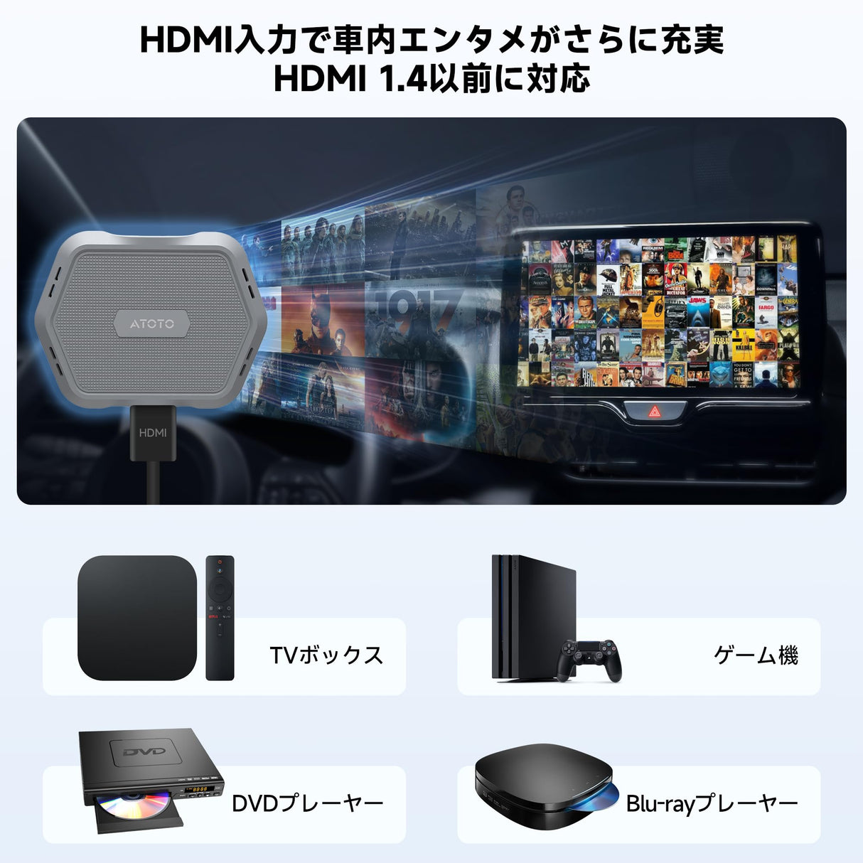 ATOTO AD1 ワイヤレスアダプター、HDMI搭載 2イン1アップグレードドングル、有線CarPlay車用、プラグ＆プレイ、HDMIマルチメディアハブ (TVボックス/ゲームコンソール/DVD/ブルーレイ対応)、Bluetooth 5.2、OTAアップデート