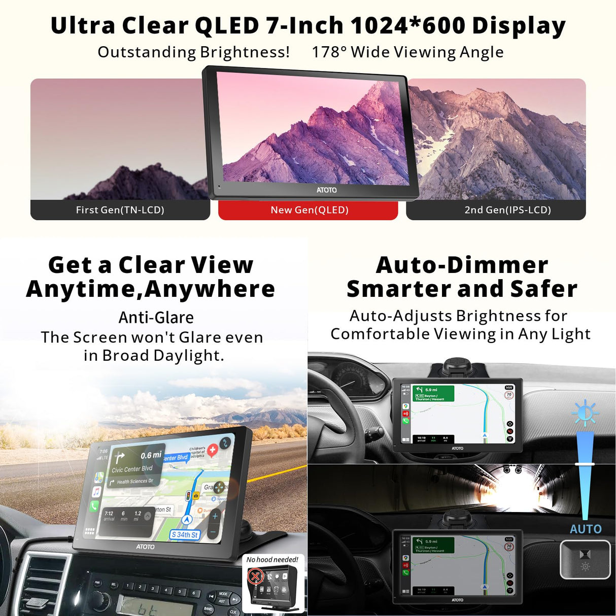 ATOTO P9 7 Inch Android Portable Car Stereo with 4G+32G, Wireless CarPlay Android Auto Screen with GPS WiFi, QLED Display & Auto-Dimming, 1080P Dashcam, Dual BT USB SWC, P907PR-S1