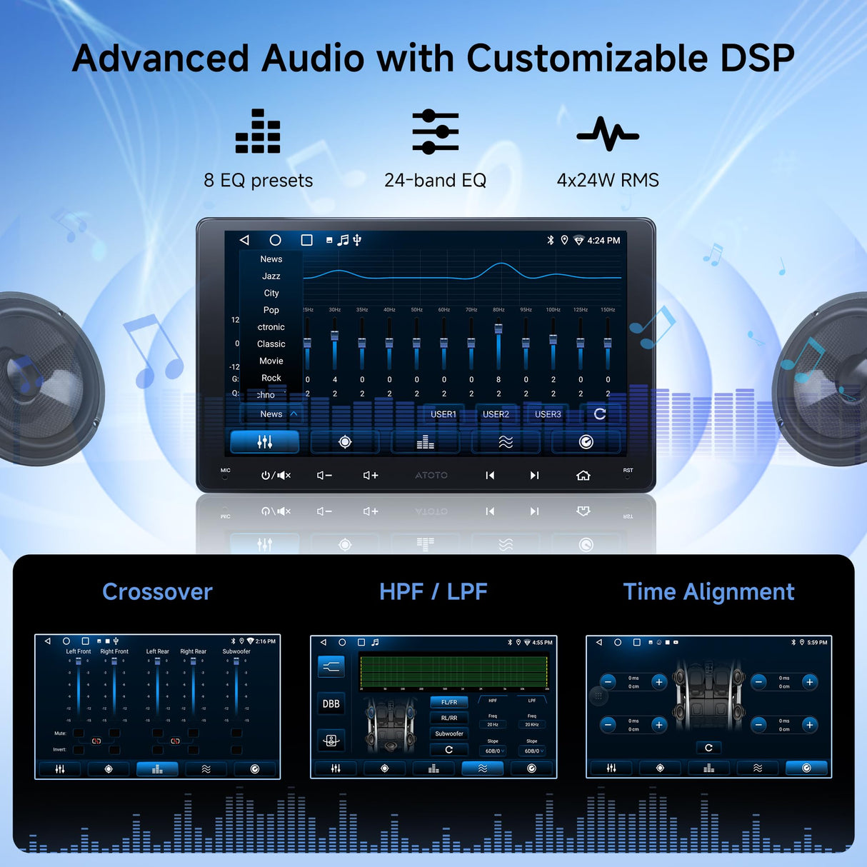 [9-Inch] ATOTOEXCEL Android Double Din Car Stereo Wireless CarPlay & Android Auto, OBD2 Scanner Car Radio with Wi-Fi/Bluetooth/USB, GPS Tracking, 24B EQ&DSP, Built-in AMP, HD LRV, Mirror Link