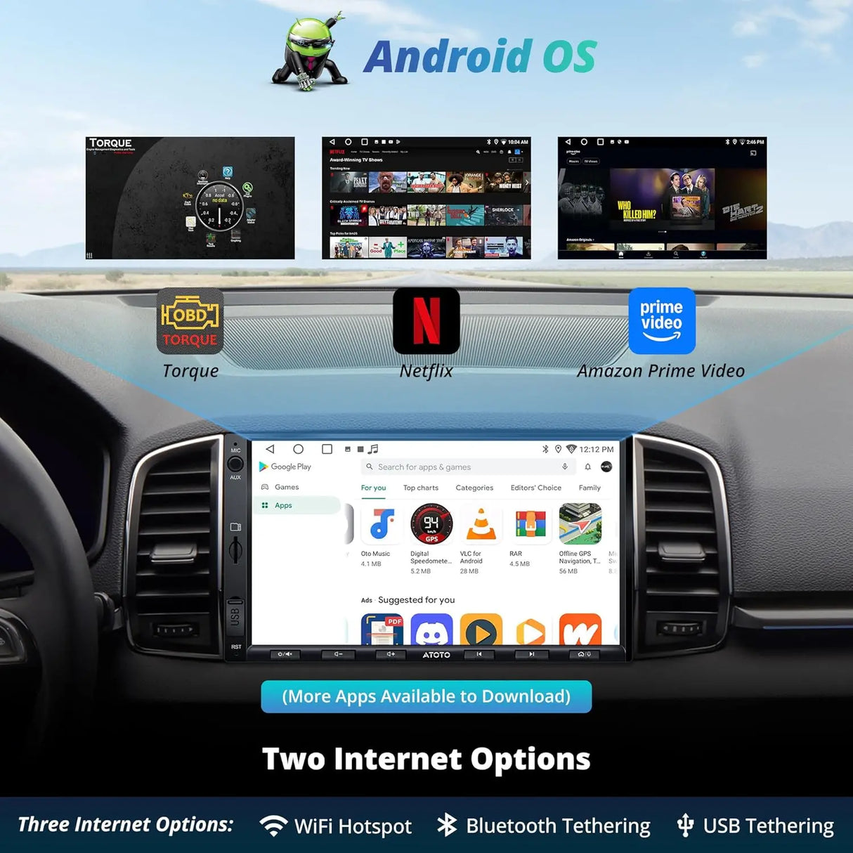 ATOTO A5LG2A7T 7" Double Din Car Stereo with Backup Camera, OBD2 Diagnostic, Wireless CarPlay & Android Auto, GPS, OBD2, Bluetooth, FM/AM/TF, 2G+32G