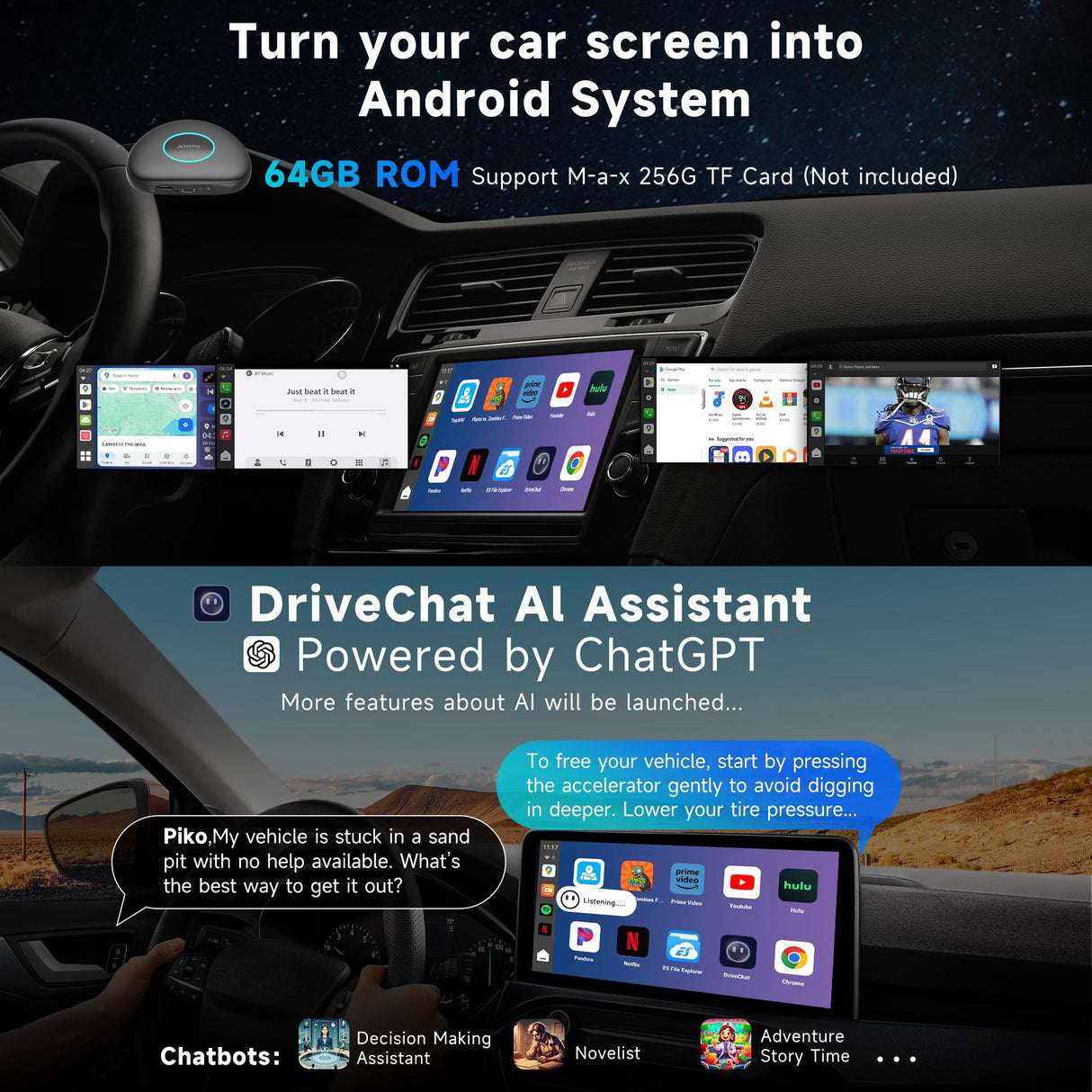 ATOTO CarWave CB6 AI Box Wireless CarPlay & Android Auto Adapter with 4G LTE, OBDII Scanner, Android OS, 4GB+64GB, Universal Car Stereo Upgrade, OTA Updates