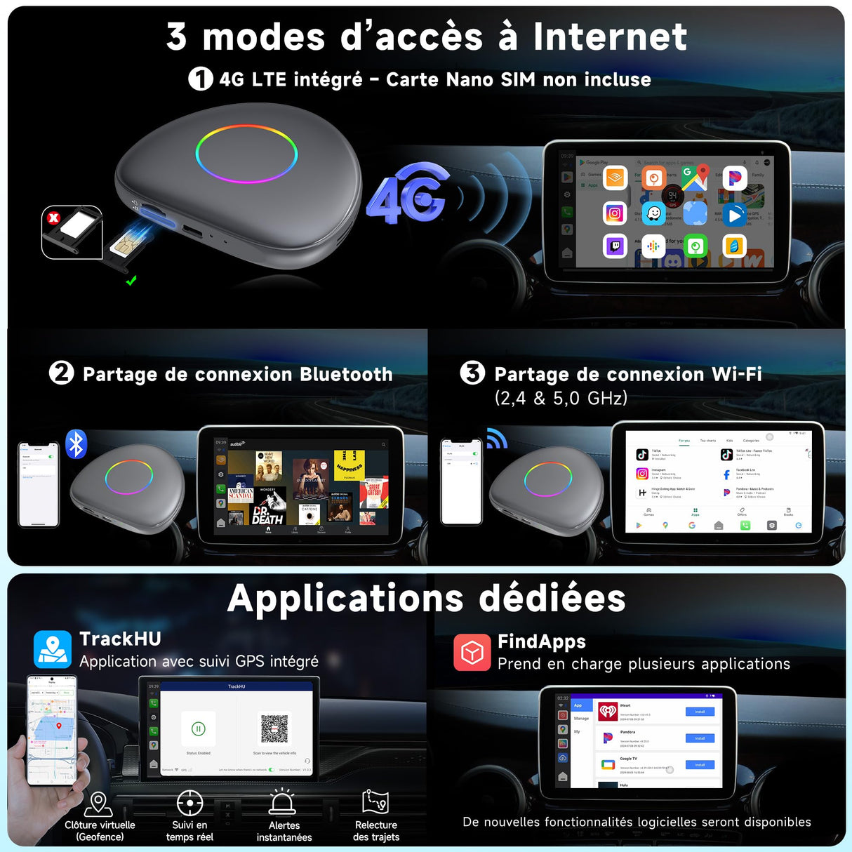 ATOTO boîtier CarPlay IA CB6 – Dongle WIFI con Mini OBD II, Android Auto y CarPlay inalámbrico, 8GB+128GB, Streaming para coche con 4G, Wi-Fi, Doble Bluetooth, USB, GPS integrado, Asistente IA, microSD, OTA